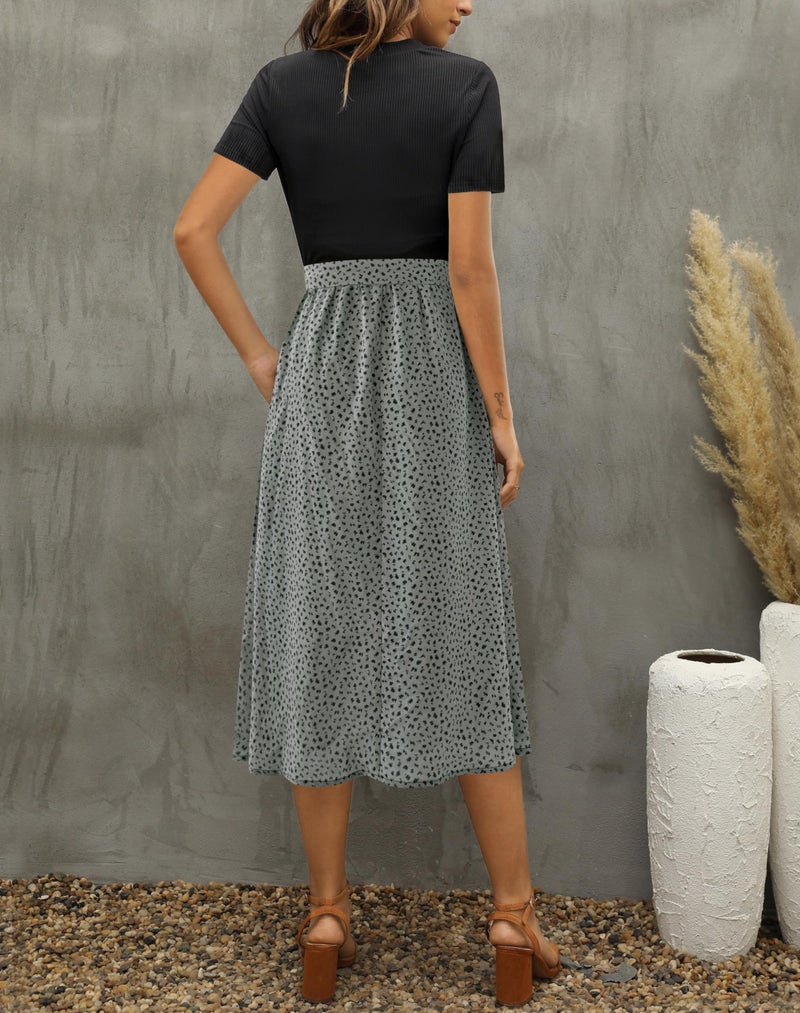 Zattcas Women 2026 Summer Dress Short Sleeve Ribbed Teacher Church Modest Business Casual Work Outfits Midi Dress with Pockets Blacksagegreen L - Image 3