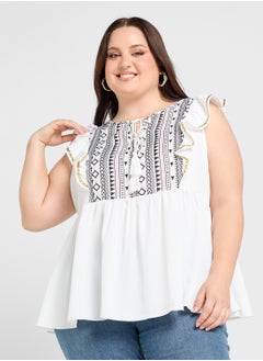 Ginger Plus Aztec Embroidered Boho Top With Ruffle Sleeves  - Image 1