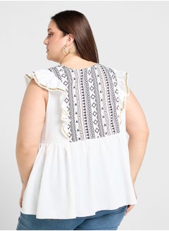 Ginger Plus Aztec Embroidered Boho Top With Ruffle Sleeves  - Image 2