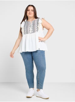 Ginger Plus Aztec Embroidered Boho Top With Ruffle Sleeves  - Image 4