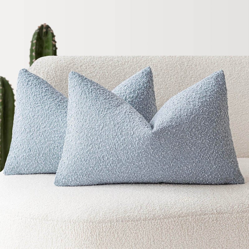 Foindtower Pack of 2 Modern Textured Boucle Lumber Throw Pillow Covers Accent Solid Decorative Pillow Cases Cozy Couch Cushion Case for Sofa Bed Living Room Home Decor 12 x 20 Inch Light Blue
