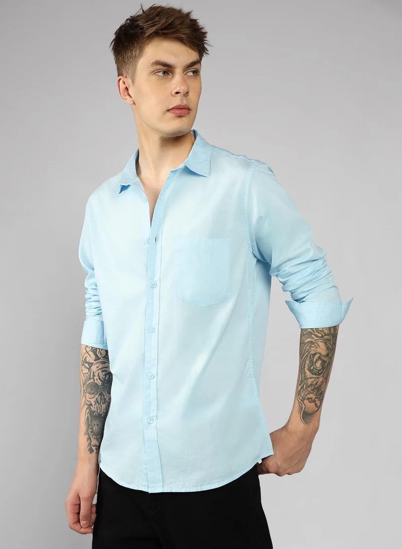 Dennis Lingo Men's Slim Fit Solid Light Blue Casual Spread Collar Shirt - 100% Cotton
