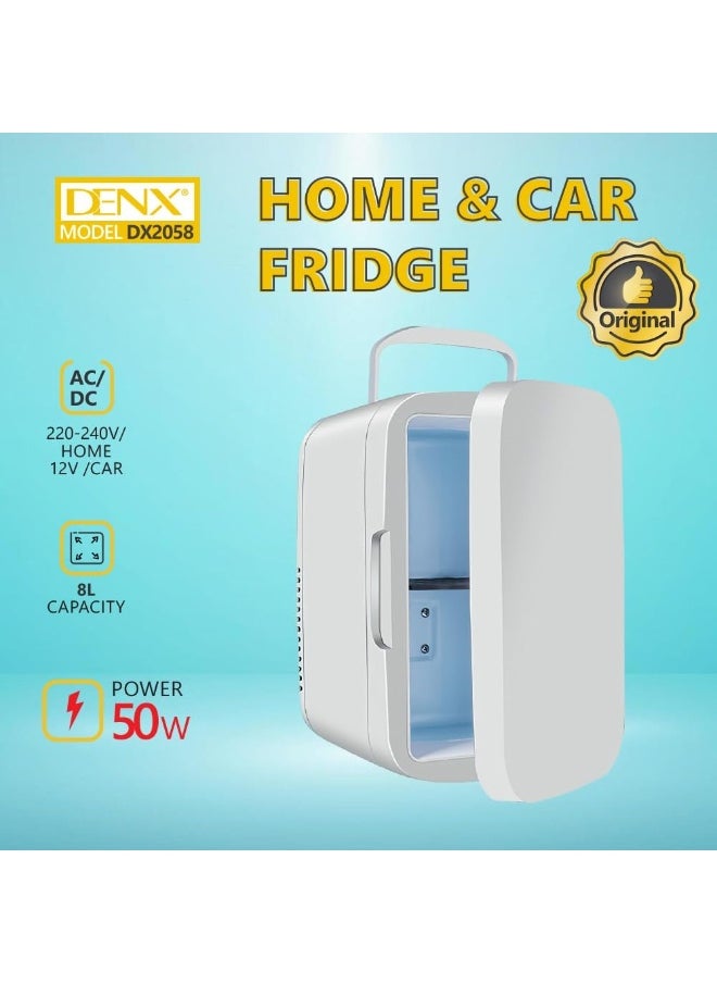 ثلاجة DENX 8L الصغيرة للاستخدام المنزلي والسيارة، مبرد وسخان حراري محمول يعمل بالتيار المتردد/المستمر، ثلاجة مدمجة وصامتة للسفر، المكتب، التخييم، العناية بالبشرة، الطعام والمشروبات - 50 وات، باللون الأبيض DX2058
