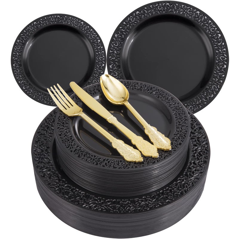 U-QE 150PCS Black Plastic Plates with Gold Plastic Silverware  Black Plates Disposable for Party Include 30 Dinner Plates 10.25""  30 Salad Plates7.5""  30 Forks  30 Knives  30 Spoons - Image 1