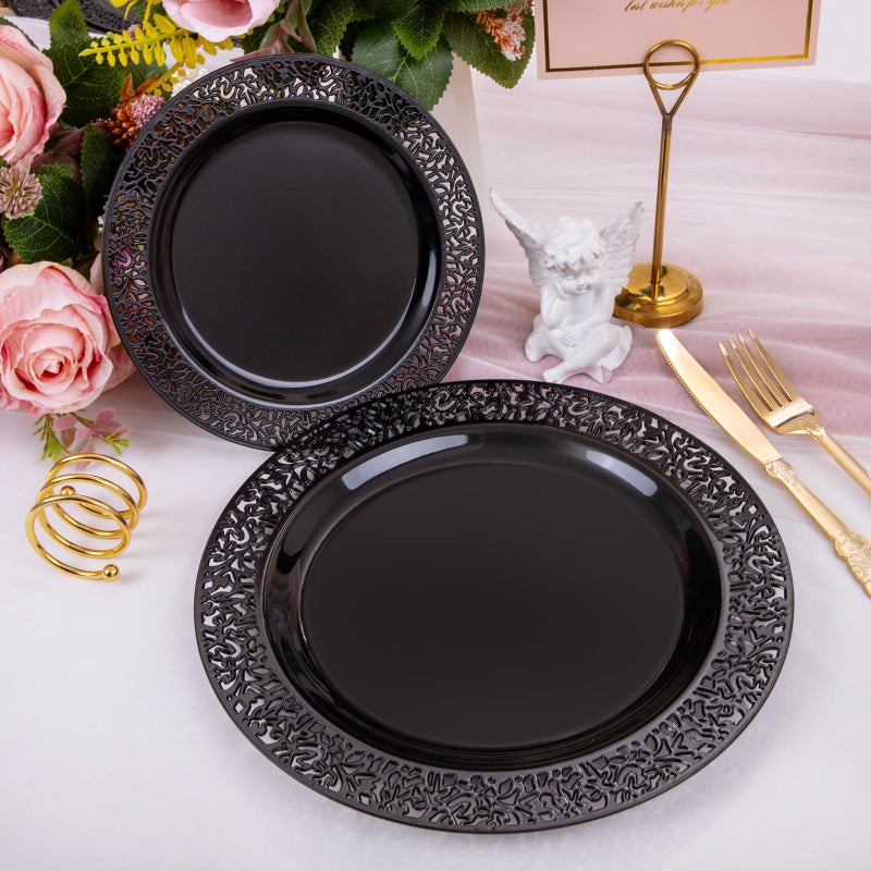 U-QE 150PCS Black Plastic Plates with Gold Plastic Silverware  Black Plates Disposable for Party Include 30 Dinner Plates 10.25""  30 Salad Plates7.5""  30 Forks  30 Knives  30 Spoons - Image 3