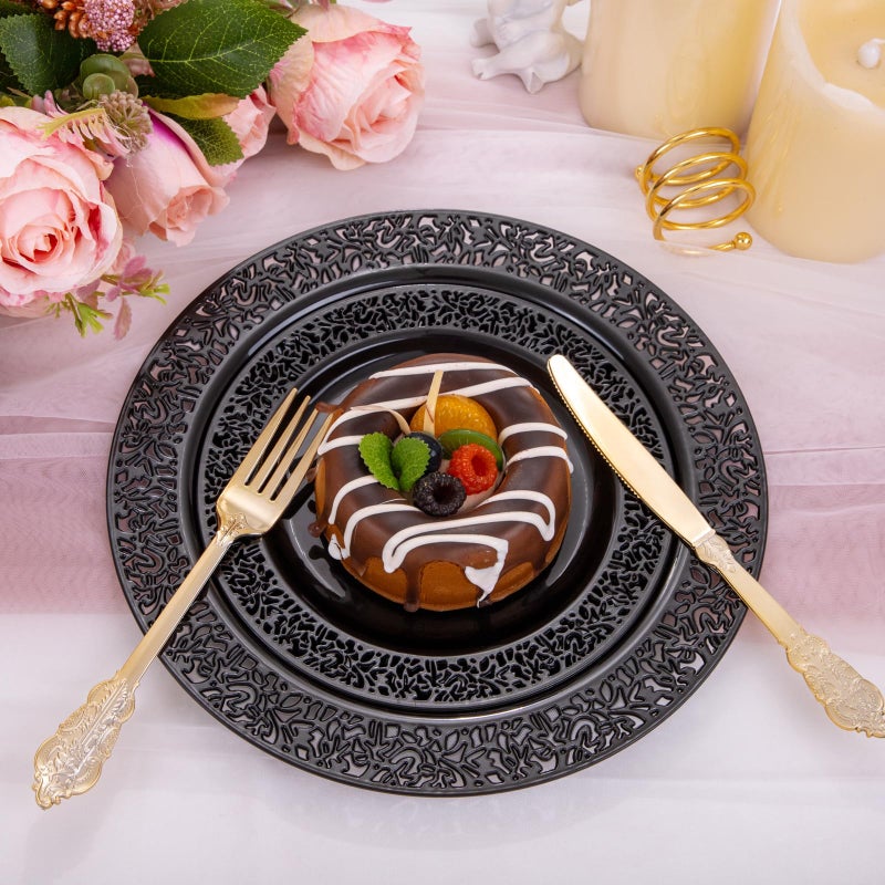 U-QE 150PCS Black Plastic Plates with Gold Plastic Silverware  Black Plates Disposable for Party Include 30 Dinner Plates 10.25""  30 Salad Plates7.5""  30 Forks  30 Knives  30 Spoons - Image 4