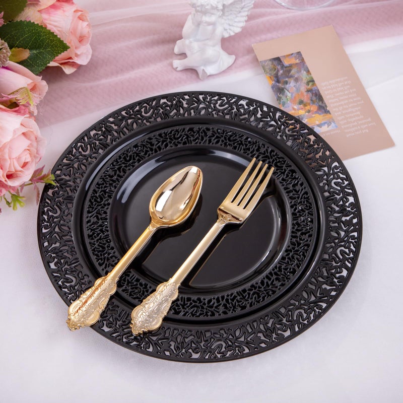 U-QE 150PCS Black Plastic Plates with Gold Plastic Silverware  Black Plates Disposable for Party Include 30 Dinner Plates 10.25""  30 Salad Plates7.5""  30 Forks  30 Knives  30 Spoons - Image 5