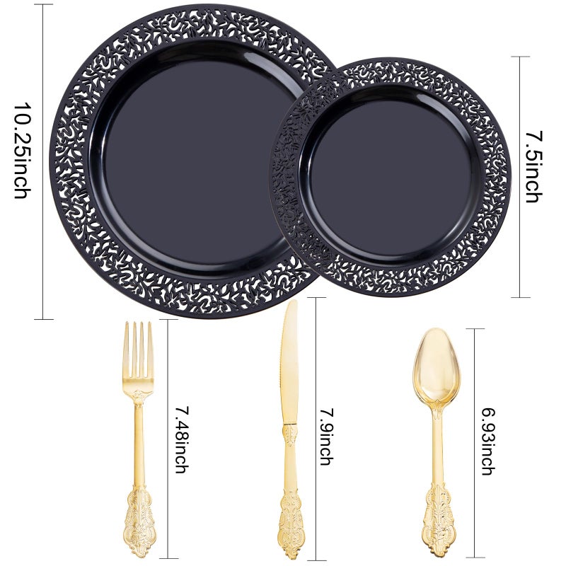 U-QE 150PCS Black Plastic Plates with Gold Plastic Silverware  Black Plates Disposable for Party Include 30 Dinner Plates 10.25""  30 Salad Plates7.5""  30 Forks  30 Knives  30 Spoons - Image 2