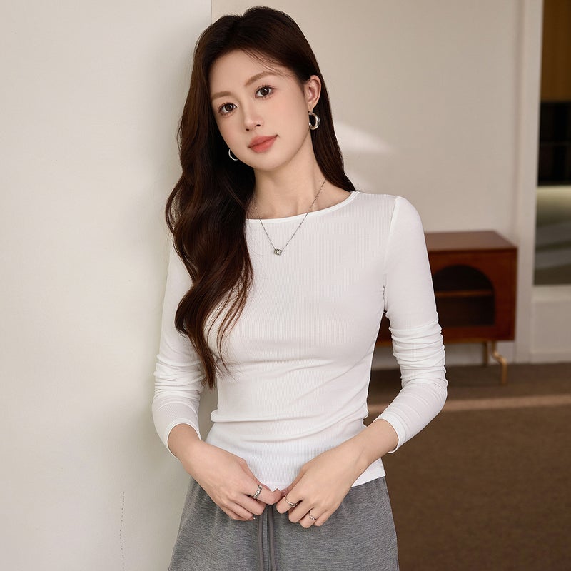 # Select High-Quality Products # One-Word Small Round Neck Slim Fit T-Shirt Women'S Long-Sleeved 2025 Autum New Inner Layering Shirt - Image 1