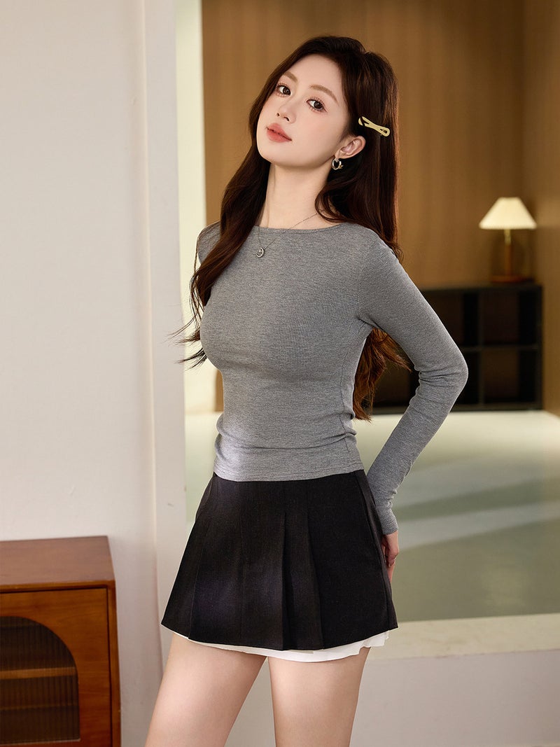# Select High-Quality Products # One-Word Small Round Neck Slim Fit T-Shirt Women'S Long-Sleeved 2025 Autum New Inner Layering Shirt - Image 3