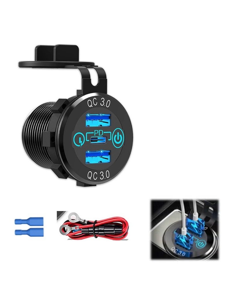 GUDOO Car Fast Charger Socket 12V 24V USB C Car Charger Double 18W QC 3.0 USB Outlet and USB C PD 20W Aluminum Metal with Touch Power Switch Waterproof for Boat Marine RV Golf Cart Motorcycle - Image 1