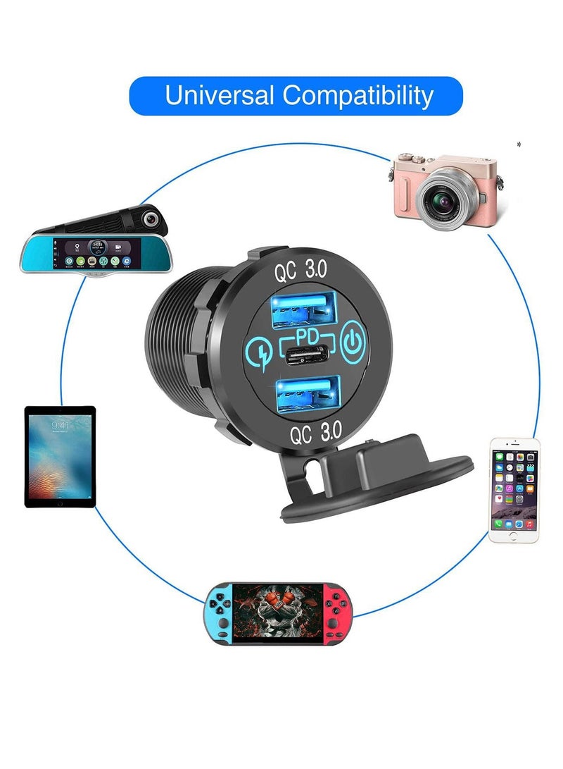 GUDOO Car Fast Charger Socket 12V 24V USB C Car Charger Double 18W QC 3.0 USB Outlet and USB C PD 20W Aluminum Metal with Touch Power Switch Waterproof for Boat Marine RV Golf Cart Motorcycle - Image 5