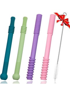 Teether Tubes for Babies, 4 Pcs Hollow Straw Toddler Teether Toys for molars, BPA Free Soft Silicone Chew Straw Teething Toy for Infant Toddlers with Cleaning Brush