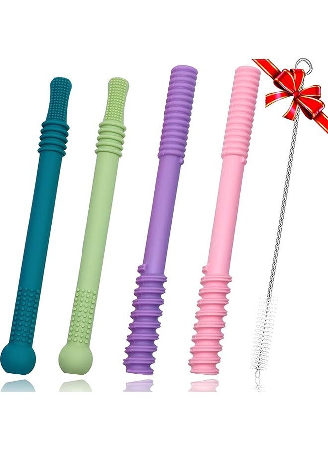 Generic - Teether Tubes for Babies, 4 Pcs Hollow Straw Toddler Teether Toys for molars, BPA Free Soft Silicone Chew Straw Teething Toy for Infant Toddlers with Cleaning Brush - Image 1