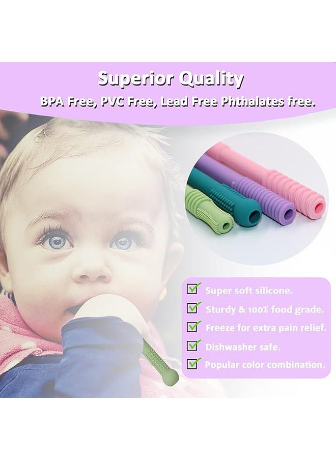 Generic - Teether Tubes for Babies, 4 Pcs Hollow Straw Toddler Teether Toys for molars, BPA Free Soft Silicone Chew Straw Teething Toy for Infant Toddlers with Cleaning Brush - Image 1