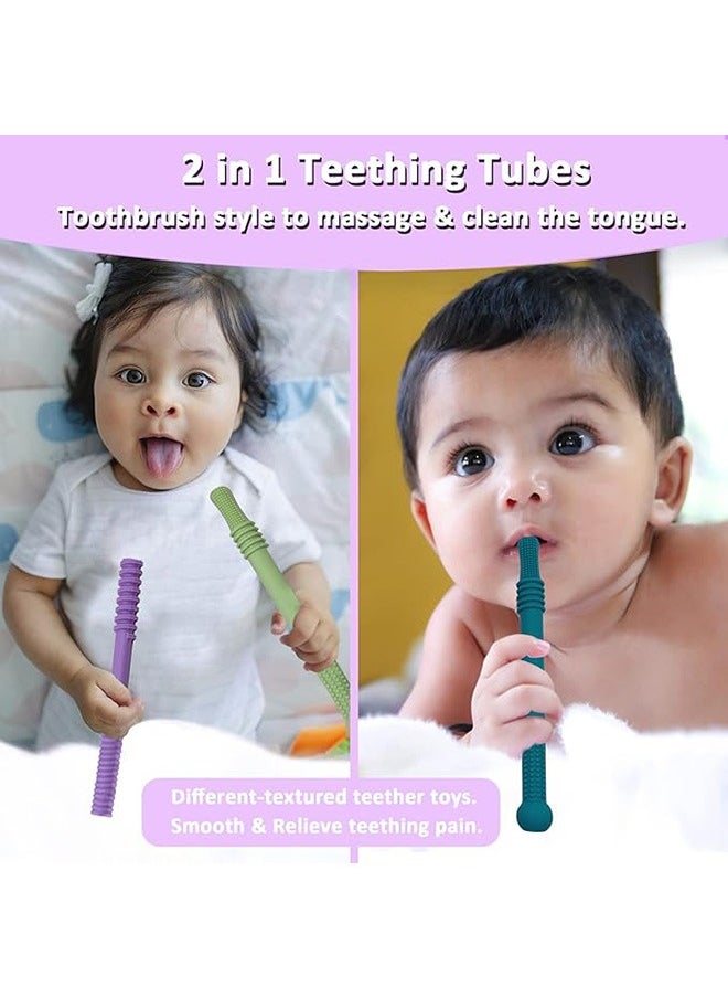 Generic - Teether Tubes for Babies, 4 Pcs Hollow Straw Toddler Teether Toys for molars, BPA Free Soft Silicone Chew Straw Teething Toy for Infant Toddlers with Cleaning Brush - Image 1