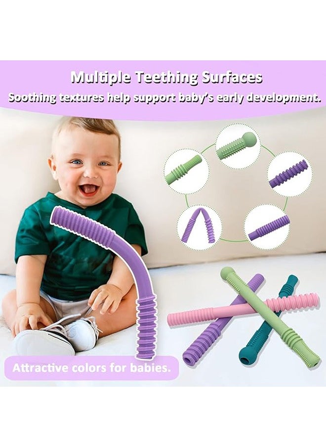 Generic - Teether Tubes for Babies, 4 Pcs Hollow Straw Toddler Teether Toys for molars, BPA Free Soft Silicone Chew Straw Teething Toy for Infant Toddlers with Cleaning Brush - Image 1
