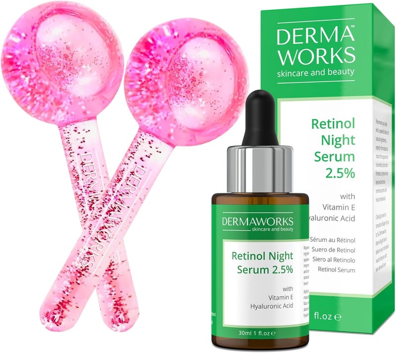 DERMAWORKS Skincare Gift Set Ice Globes for Face Eyes Retinol Serum Facial Massagers Anti Aging Face Serum Antiwrinkle Reduces Puffiness Pore Minimizer Boosts Circulation Radiance