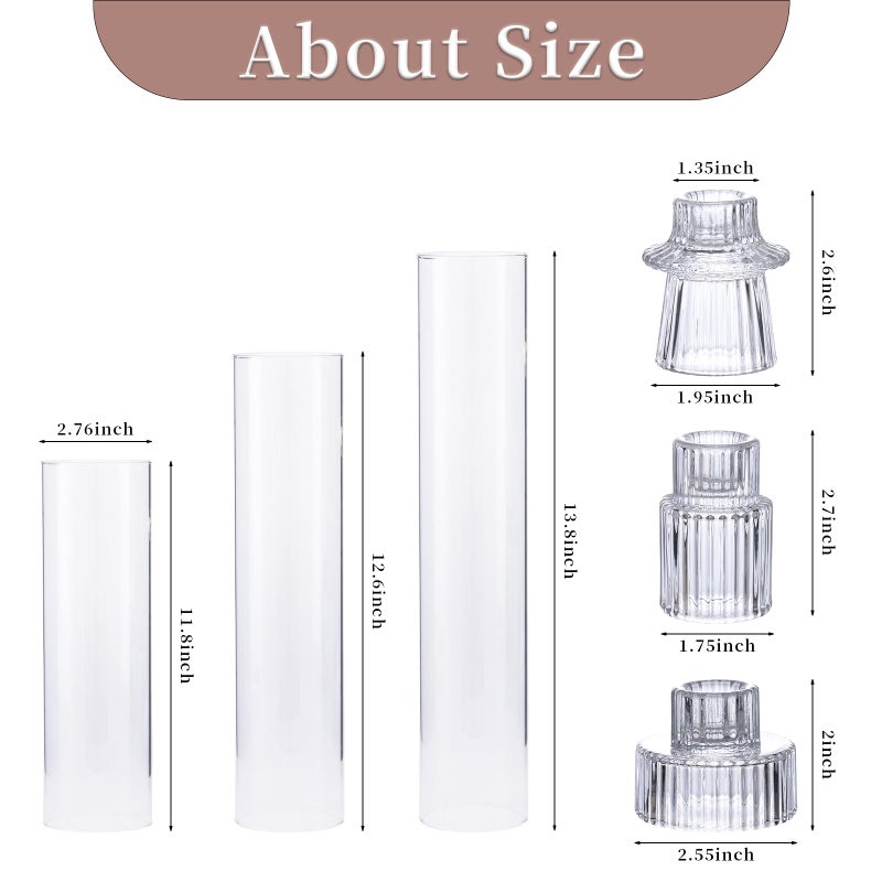 NITIME 9 Set Hurricane Glass Candle Holders for Taper Candles, Candlestick Holders with Windproof Glass Tubes(11.8"/12.6"/13.8" H), Taper Candle Holders for Table Centerpieces, Wedding, Party Decor - Image 2