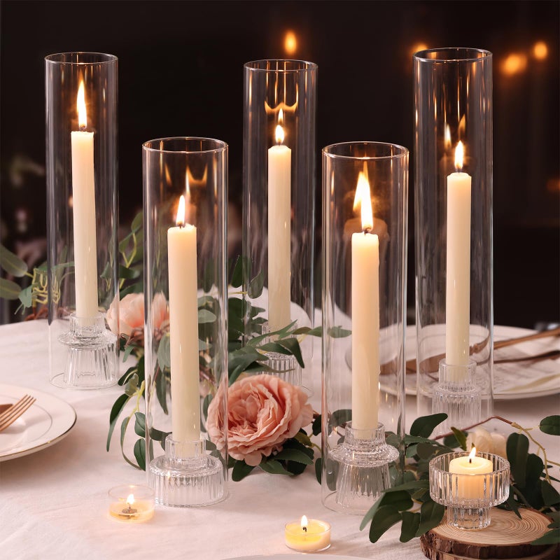 NITIME 9 Set Hurricane Glass Candle Holders for Taper Candles, Candlestick Holders with Windproof Glass Tubes(11.8"/12.6"/13.8" H), Taper Candle Holders for Table Centerpieces, Wedding, Party Decor - Image 1