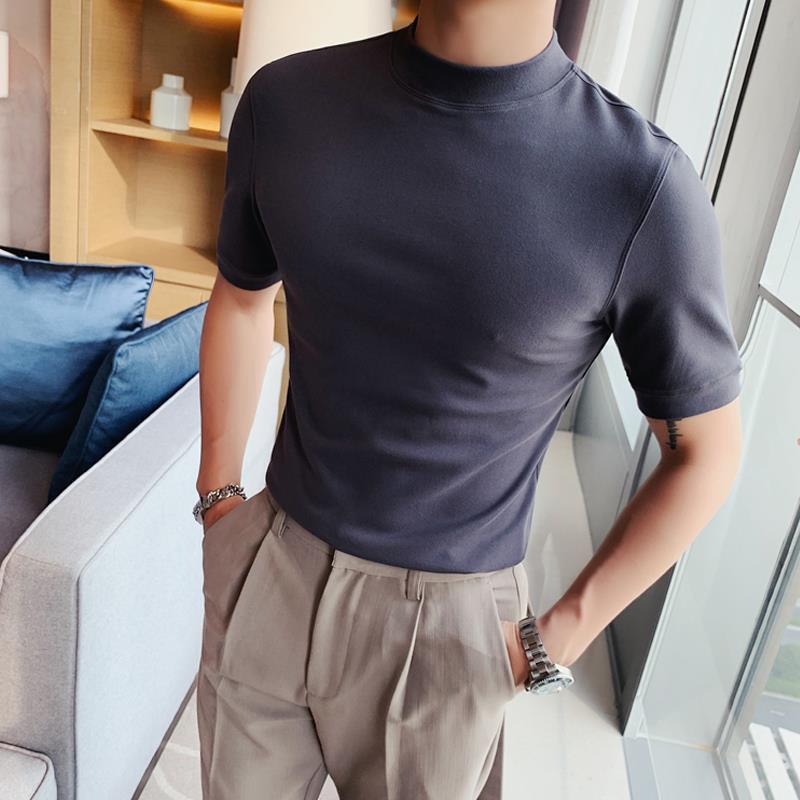 2021 spring men's half turtleneck solid color slim thin T-shirt British casual short-sleeved mid-neck bottoming shirt Darkblue XL - Image 4
