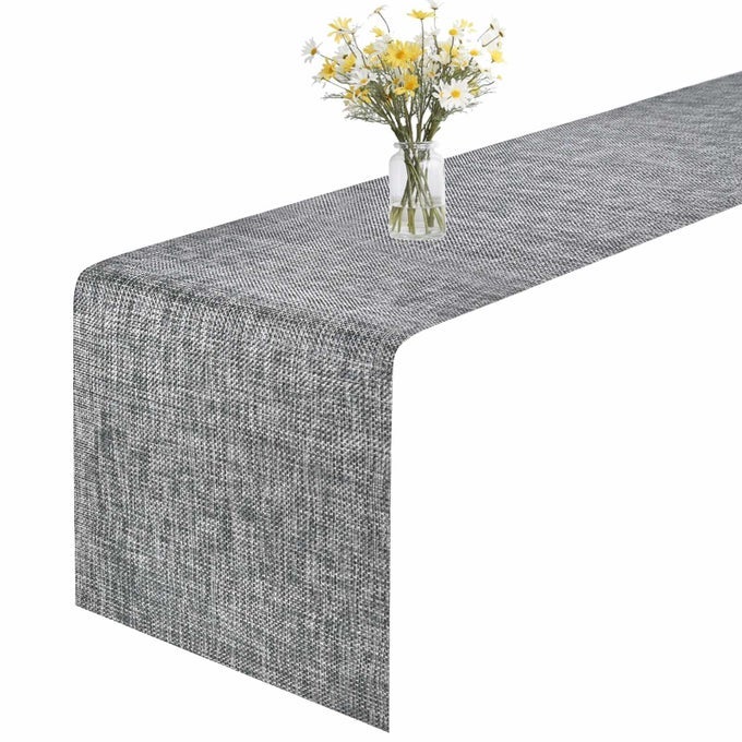TABLE RUNNER 12X72IN HEATRESISTANT WOVEN VINYL LONG TABLETOP NONSLIP WASHABLE PVC TABLE RUNNERS EASY TO CLEAN PREMIUM PLASTIC DRESSER COVER FOR WEDDING DECOR HOME BLACKGRAY