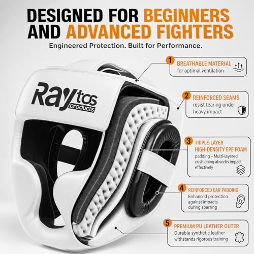 Raytos Boxing Headgear for MMA Muay Thai Wrestling Sparring Professional Training Equipment for Adult Men Women White - Image 3
