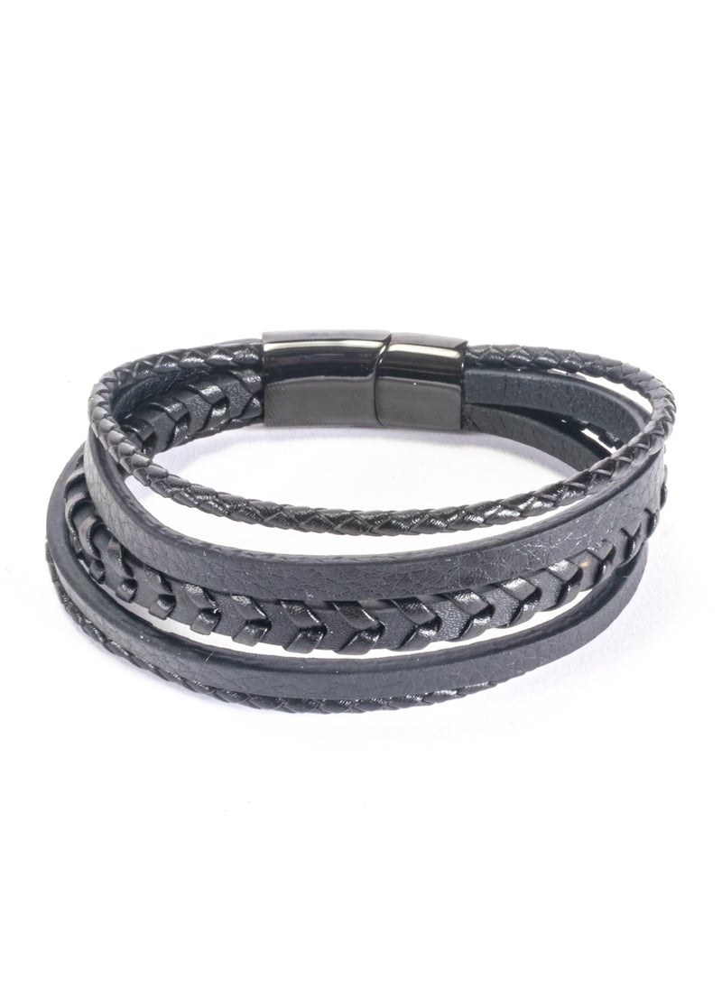 The Black Pearl Accessories - Multi Layered Black Leather Stainless Steel Bracelet for Him - Image 1