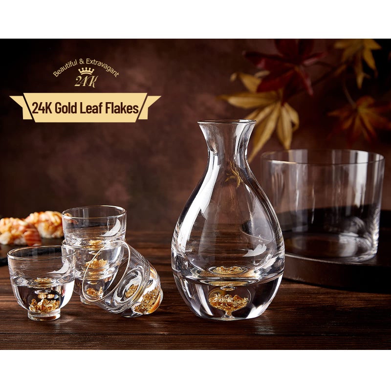 DUJUST Sake Set for 4, Crystal Sake Glass Decorated with 24K Gold Leaf Flakes, 1 Sake Bottle, 1 Sake Tank and 4 Sake Cups/Shot Glass, Cold Sake Carafe, Beautiful & Luxury Japanese Gifts Set - 6 pcs - Image 2