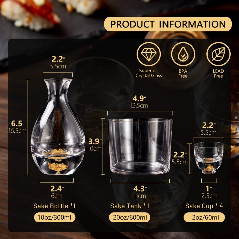 DUJUST Sake Set for 4, Crystal Sake Glass Decorated with 24K Gold Leaf Flakes, 1 Sake Bottle, 1 Sake Tank and 4 Sake Cups/Shot Glass, Cold Sake Carafe, Beautiful & Luxury Japanese Gifts Set - 6 pcs - Image 5