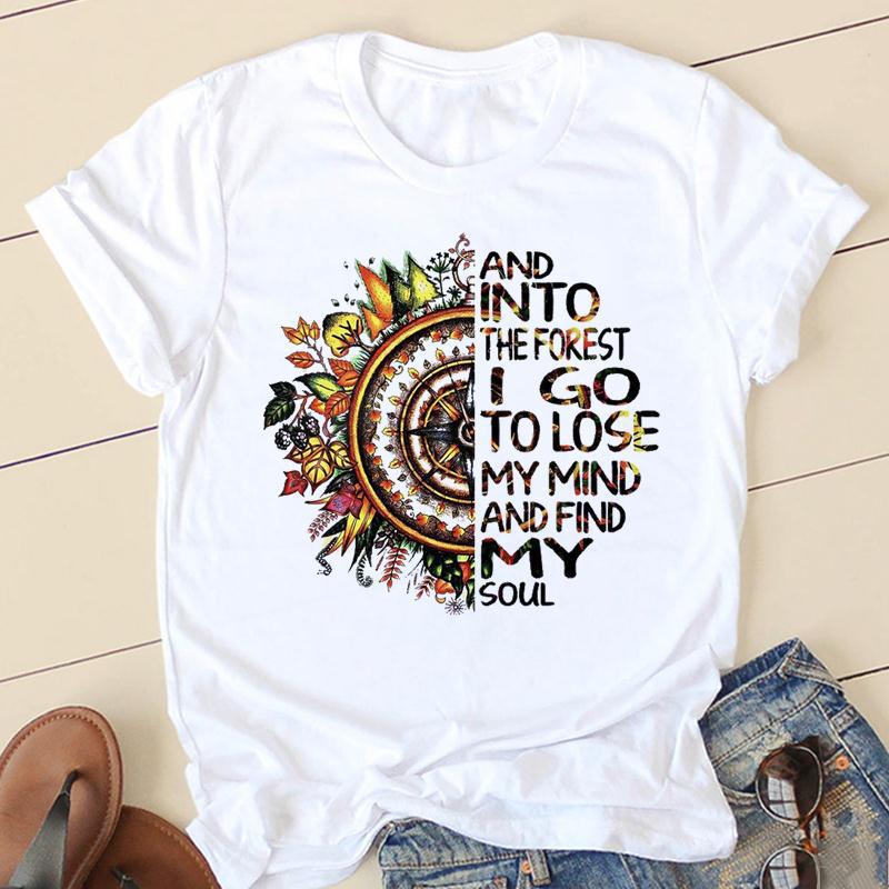 Horticultural Flowers Personality Pattern Round Neck Printed White T-Shirt Short Sleeve Women'S Wish/ - Image 1