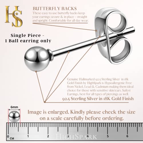 HIGHSPARK 925 Silver Men’s Round Plain Silver Ball Ear Stud in Gold Finish | 92.5 Sterling Silver Plain Ball Stud Earring | Single Stud for Men | Lovely Gift - Image 2