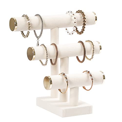 Pengup 3 Tier Bracelet Holder,Bracelet Display Stand with Metal Cap,Beige White Velvet Jewelry Organizer Displays for Necklace Scrunchies Watches Hair Ties. - Image 1