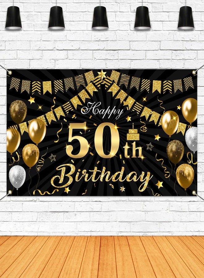 Mocsicka 50th Birthday Banner Backdrop Black and Gold Happy Birthday Decorations Banner for Men Women Fifty Years Old Party Supplies Photo Booth Props (Gold and Black, 70.8x43.3 inch) - Image 1