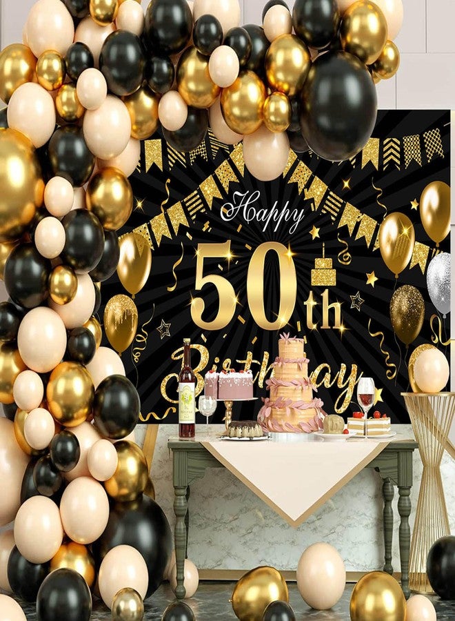 Mocsicka 50th Birthday Banner Backdrop Black and Gold Happy Birthday Decorations Banner for Men Women Fifty Years Old Party Supplies Photo Booth Props (Gold and Black, 70.8x43.3 inch) - Image 2