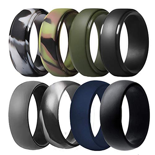 Finrray Silicone Wedding Ring for Men, Breathable Rubber Wedding Bands for Crossfit Fishing Hunting-8 Pack (Camo,Navy Blue, Olive Green, Dark Grey, Black, Size 10 - (19.76 mm)) - Image 1