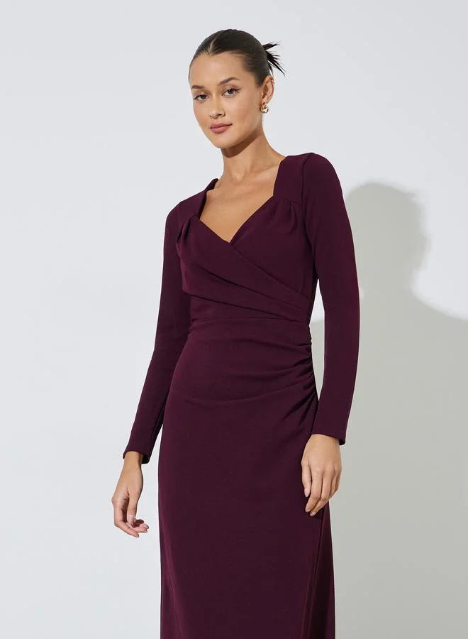 Styli  Burgundy Solid Side Slit Gathered Detail Sheath Maxi Dress for Women | Best Price UAE