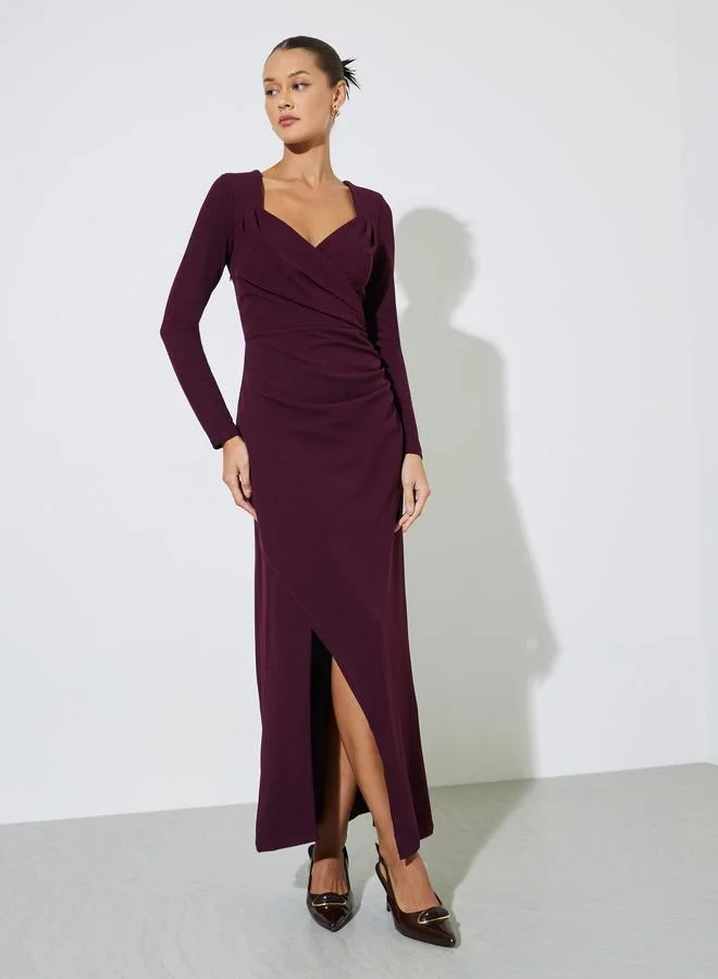 Burgundy Solid Side Slit Gathered Detail Sheath Maxi Dress