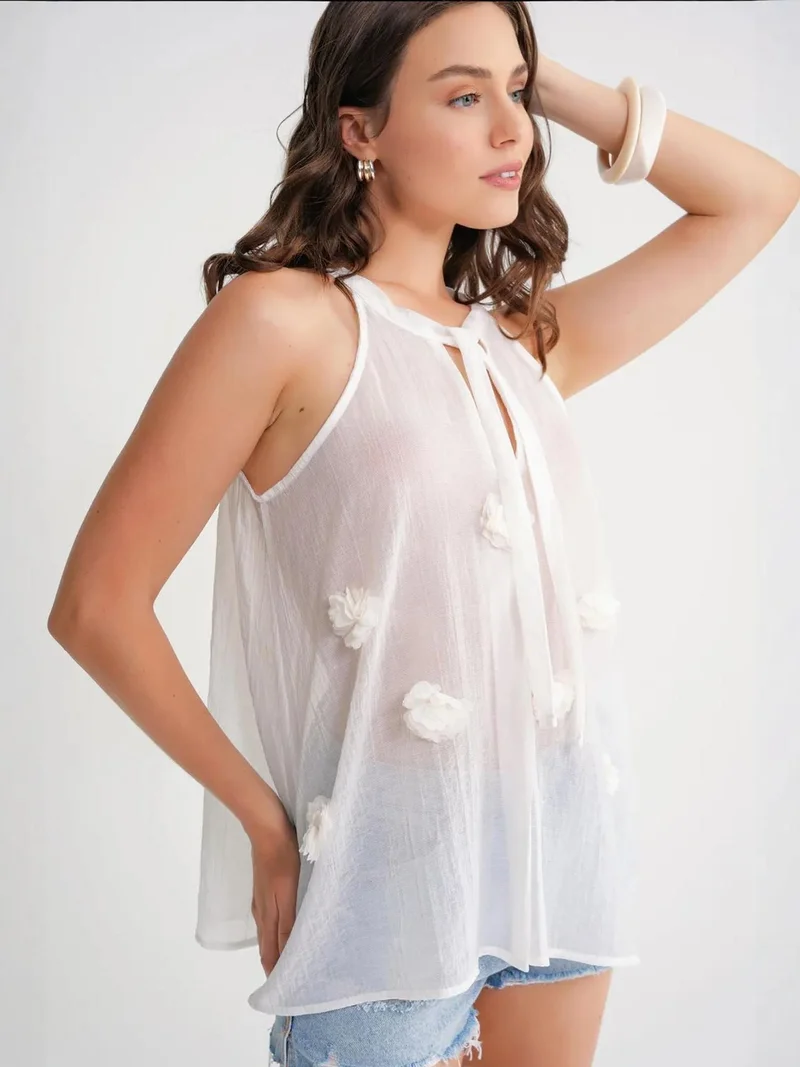 MixRay White Mixray V-Neck Tie Closure Ruffle Blouse for Women | Best Price UAE