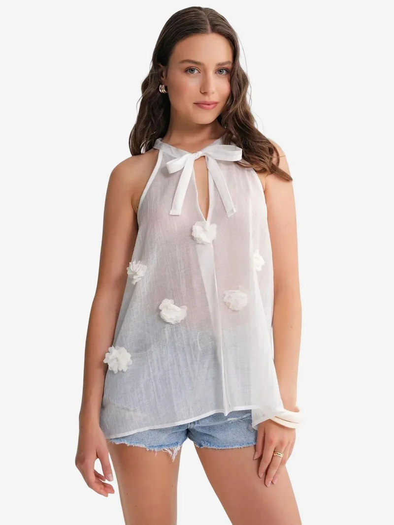 MixRay Mixray V-Neck Tie Closure Ruffle Blouse