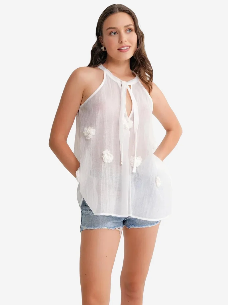 MixRay Mixray V-Neck Tie Closure Ruffle Blouse