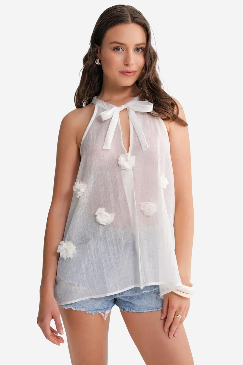 Mixray V-Neck Tie Closure Ruffle Blouse - Image 1