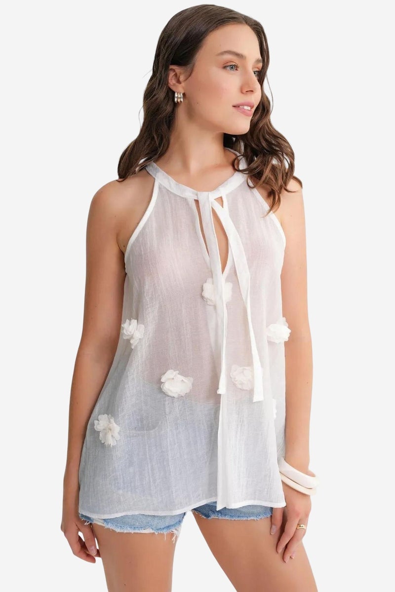 Mixray V-Neck Tie Closure Ruffle Blouse - Image 4