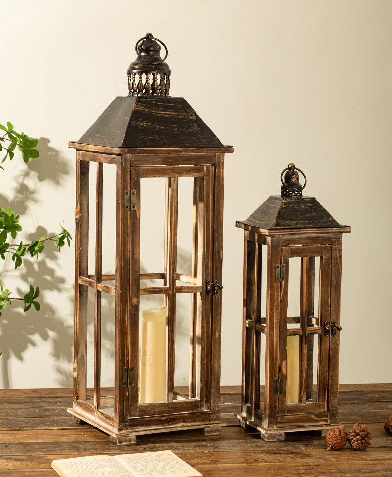 Large Farmhouse Wooden Decorative Lantern Set of 2 Rustic Distressed Brown Burnt Wood Floor Candle Lanterns IndoorOutdoor Hanging Lanterns for Home Decor No Glass