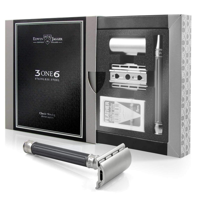 Edwin Jagger 3ONE6 DE Stainless Steel Safety Razor Grooved 1x Pack of Feather Razor Blades Anodized Gun Metal