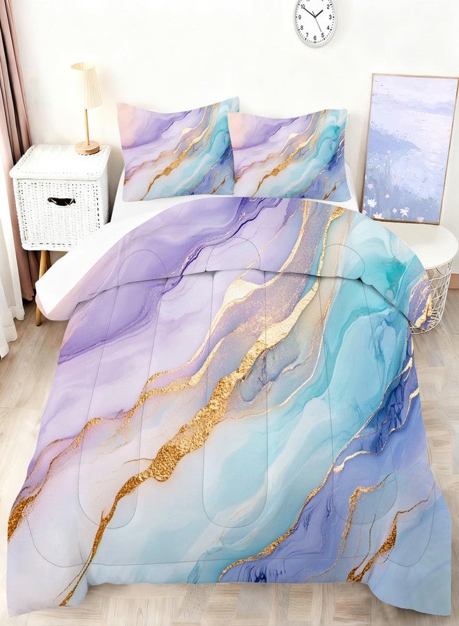 VTKON Watercolor Marble Comforter Set Twin Size, Colorful Bedding Set for Girls Boys Kids Women, Purple Pink Blue Gold Bedroom Decor, Soft Microfiber Bed Set with 1 Comforter + 1 Pillowcase - Image 1