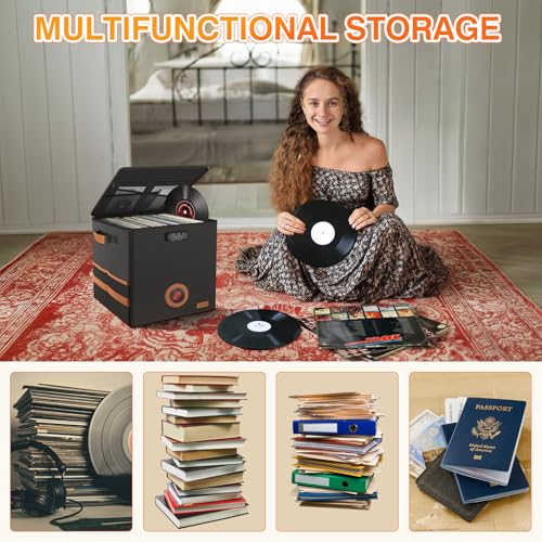 Adworte Vintage Vinyl Record Storage Box with Lock, Fireproof＆Water Resistant LP Record Storage Crate Holds 100+ Records, Collapsible＆Stackable Album Collection Display DIY Box, 7/10/12 Inch Vinyl Record Case - Image 5