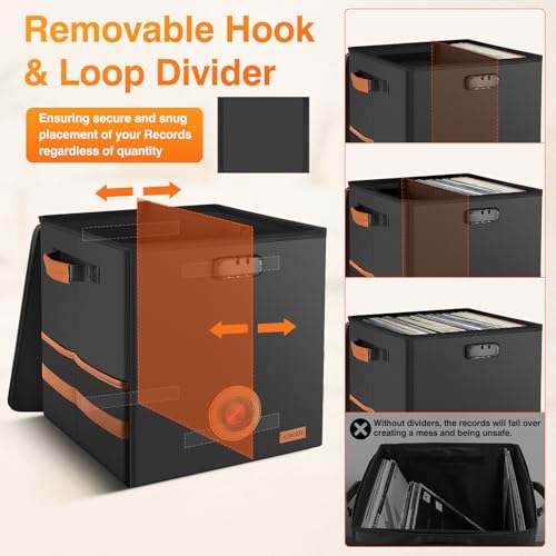 Adworte Vintage Vinyl Record Storage Box with Lock, Fireproof＆Water Resistant LP Record Storage Crate Holds 100+ Records, Collapsible＆Stackable Album Collection Display DIY Box, 7/10/12 Inch Vinyl Record Case - Image 4