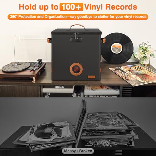 Adworte Vintage Vinyl Record Storage Box with Lock, Fireproof＆Water Resistant LP Record Storage Crate Holds 100+ Records, Collapsible＆Stackable Album Collection Display DIY Box, 7/10/12 Inch Vinyl Record Case - Image 3