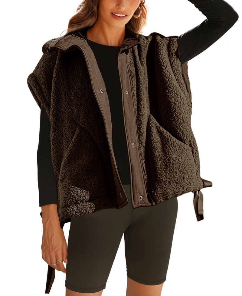 OPCAKM Women's Fuzzy Fleece Vest Oversized Sleeveless Sherpa Jacket Warm Button Down Gilet Outerwear with Pockets(Brown-M) - Image 1